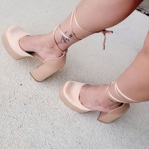 Womens Lace Up High Heels Platform Sandals Champagne Color